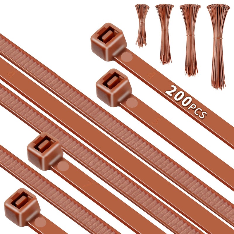 Idemeet Pa66 Cable Zip Ties, Fence Ties, 200Pcs 12+10+8+4 Inch Heavy Duty With 22-55Lb Strength, Self-Locking Nylon Wire Ties For Farming Fence Garden Trellis, Brown - Image 1
